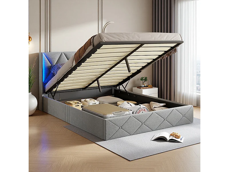 160*200 cm met nachtlampje, met opbergruimte met pneumatische stang, ijsgrijs, fluweel