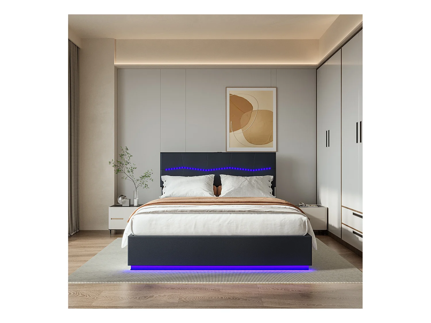 Cama de armazenamento 180*200cm, cama inflável dupla Euro, equipada com LEDs coloridos, preta, PU