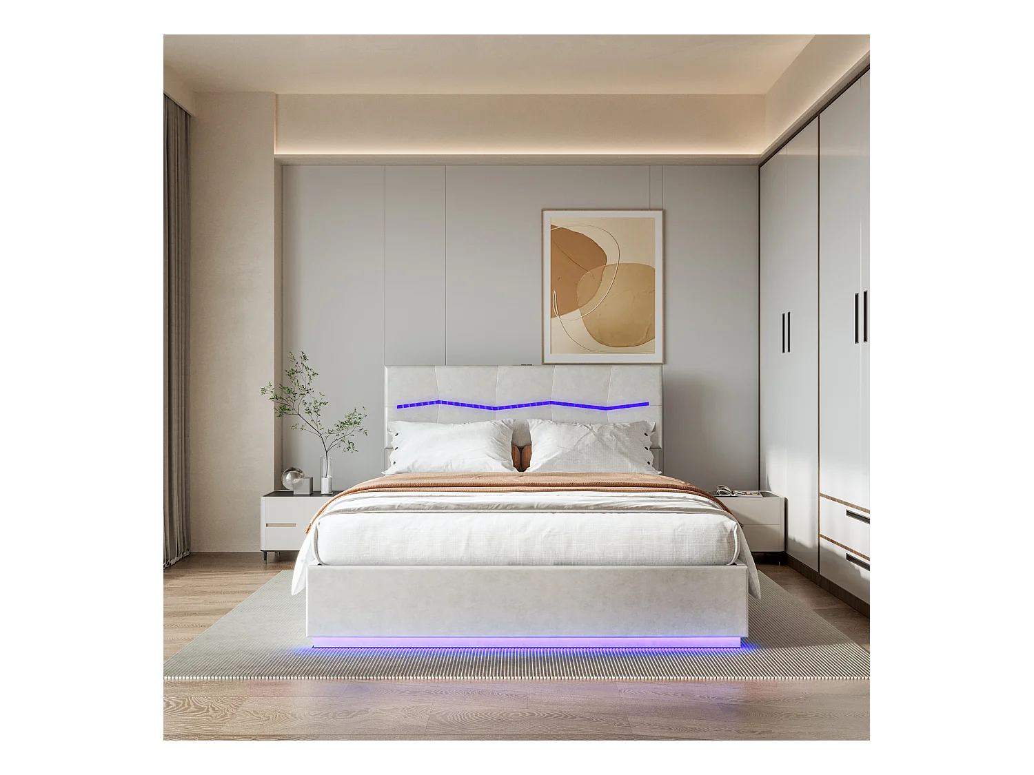 Cama inflável Euro Double Plaid, equipada com LEDs coloridos 180*200cm Bege PU
