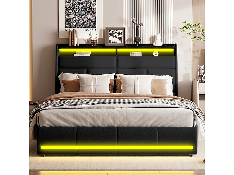 Cama de matrimonio modelo Air 160*200cm con lámpara al pie de la cama Color Negro