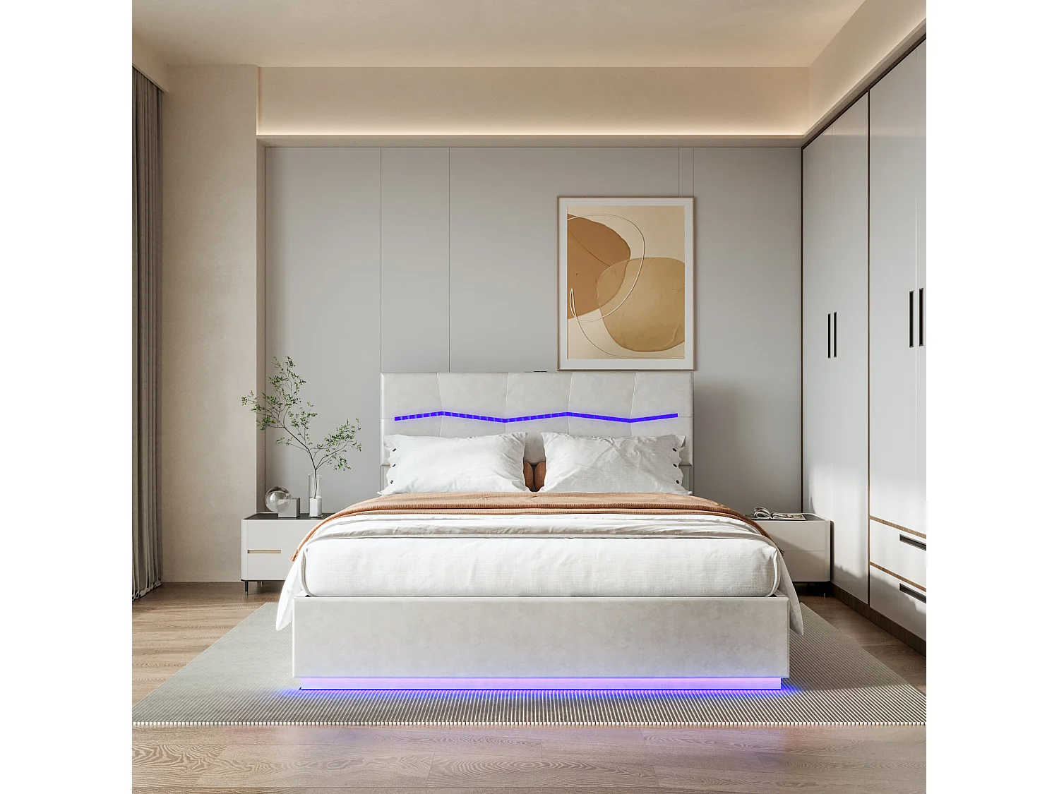 Cama inflável Euro Double Plaid, equipada com LEDs coloridos 140*200cm Bege PU