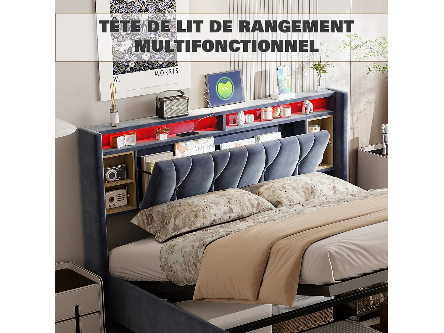 Lit coffre 140x200cm, Lit double avec tête de lit LED avec port charge USB/Type C, velours, gris