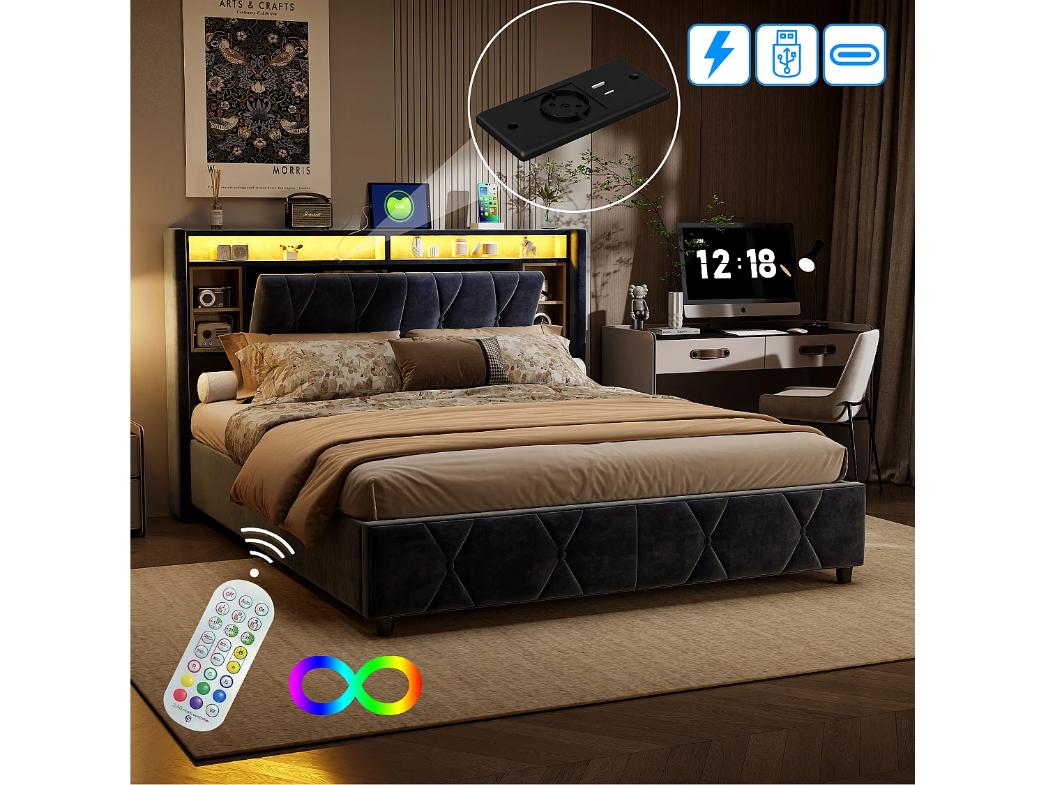 Lit coffre 140x200cm, Lit double avec tête de lit LED avec port charge USB/Type C, velours, gris