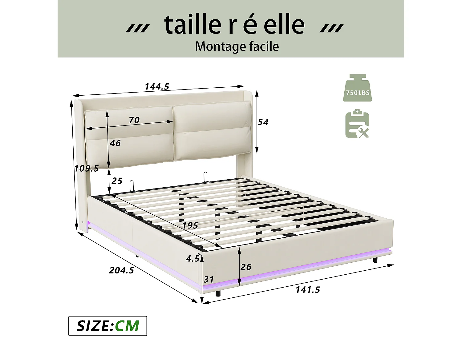 Cama con canapé 140*200 cm + mueble de almacenaje + LED + cargador de mesita de noche, beige, terciopelo