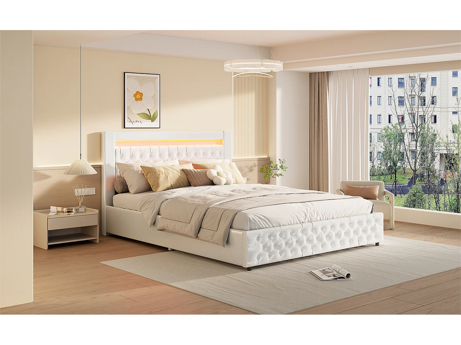 160*200cm,Lit coffre  Avec casier,Lit avec Éclairage LED,mousse,blanche