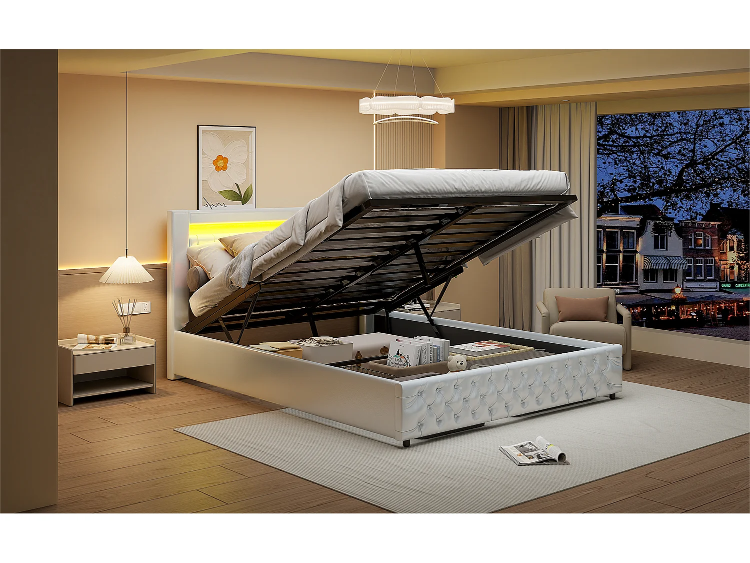 160*200cm,Lit coffre  Avec casier,Lit avec Éclairage LED,mousse,blanche