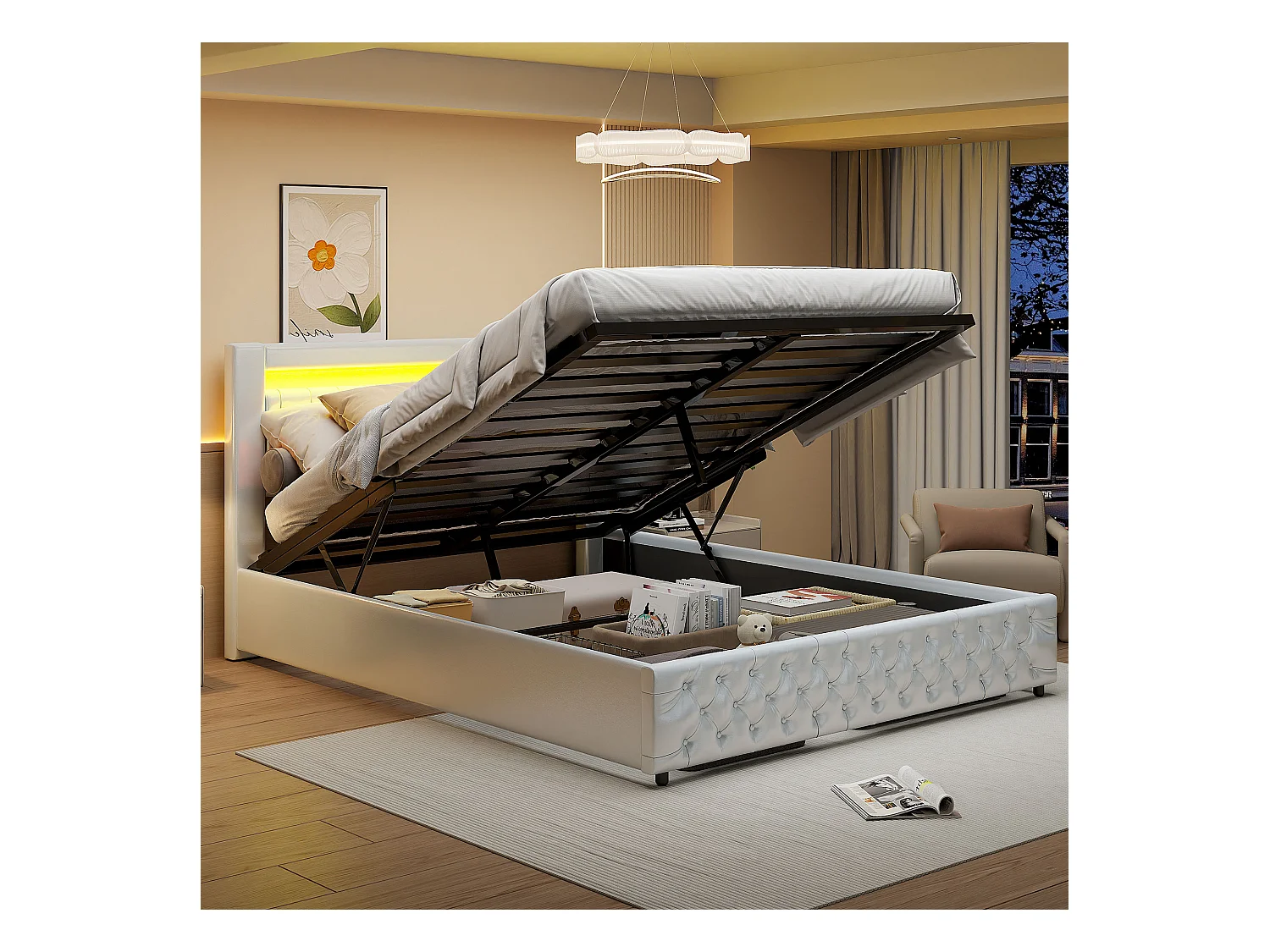 Cama de armazenamento 180*200cm, casal com armário, cama com iluminação LED, espuma, branca