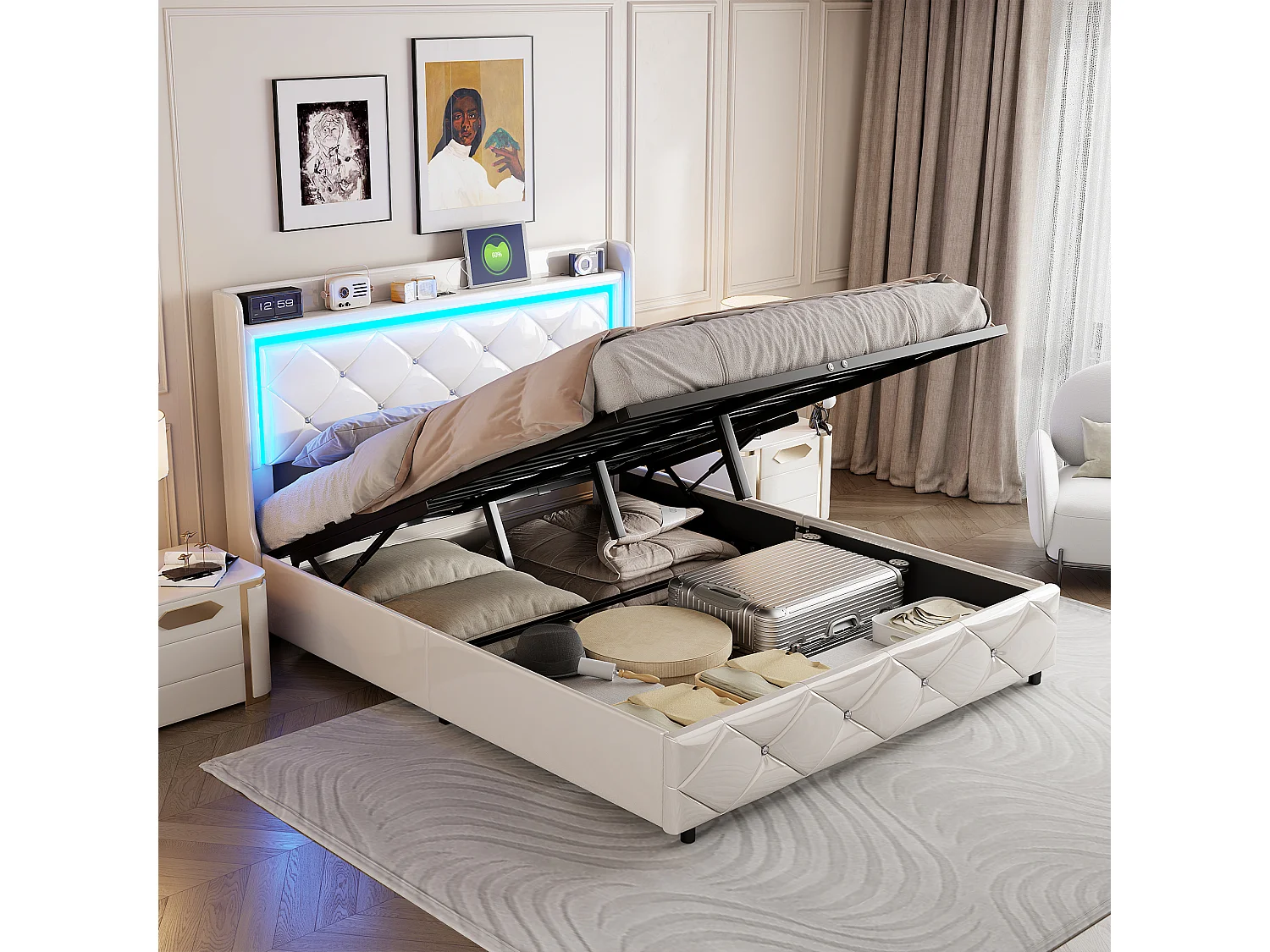 160*200cm Lit double + fonction de recharge + barre de pression d'air + LED lumière , blanc,PU