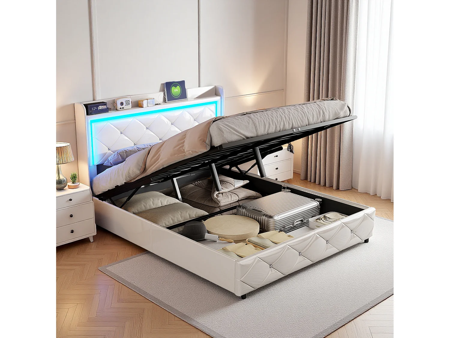 Tweepersoonsbed 160*200 cm + oplaadfunctie + luchtdrukregelaar + LED-verlichting, wit, PU