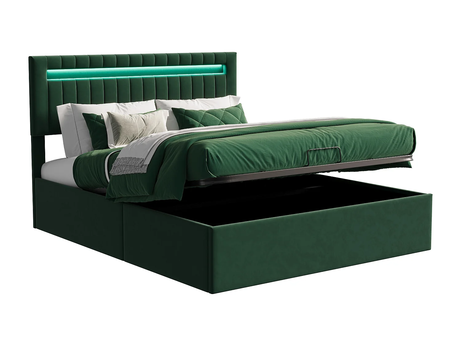 Lit 140 x 200 cm Double,avec Rangement, Éclairage LED, Ports de Charge,vert,Velours