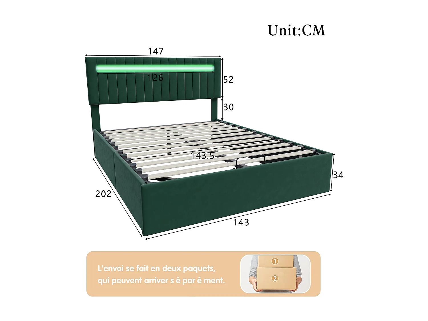 Lit 140 x 200 cm Double,avec Rangement, Éclairage LED, Ports de Charge,vert,Velours