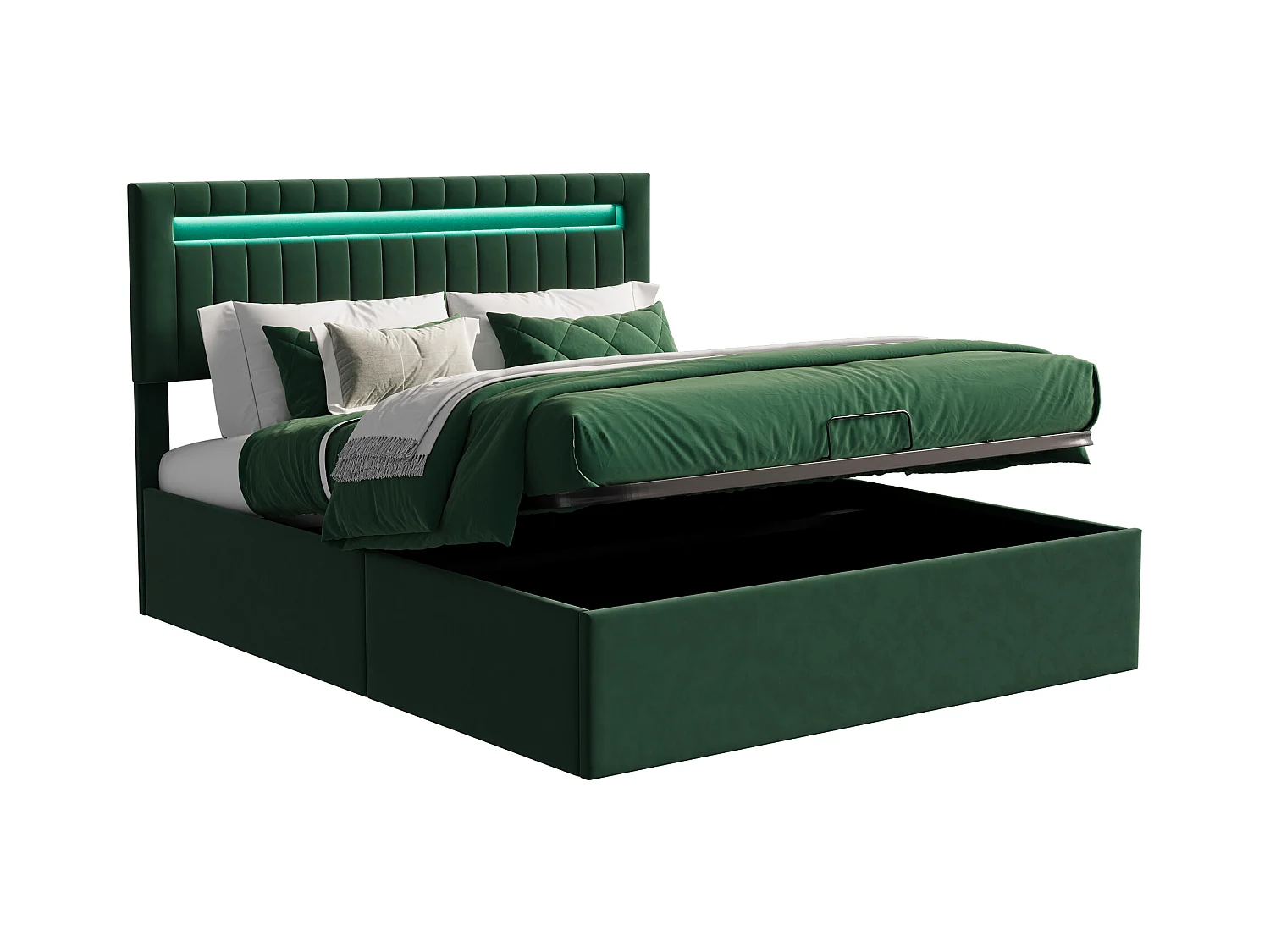 Cama doble de 140 x 200 cm con espacio de almacenaje, iluminación LED y puertos de carga, color verde y terciopelo.