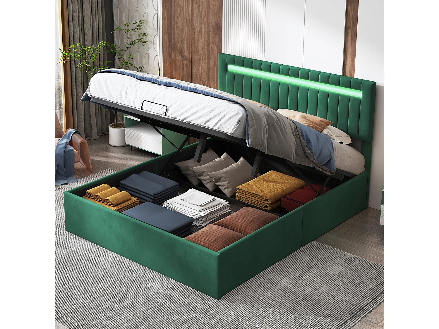 Cama doble de 140 x 200 cm con espacio de almacenaje, iluminación LED y puertos de carga, color verde y terciopelo.