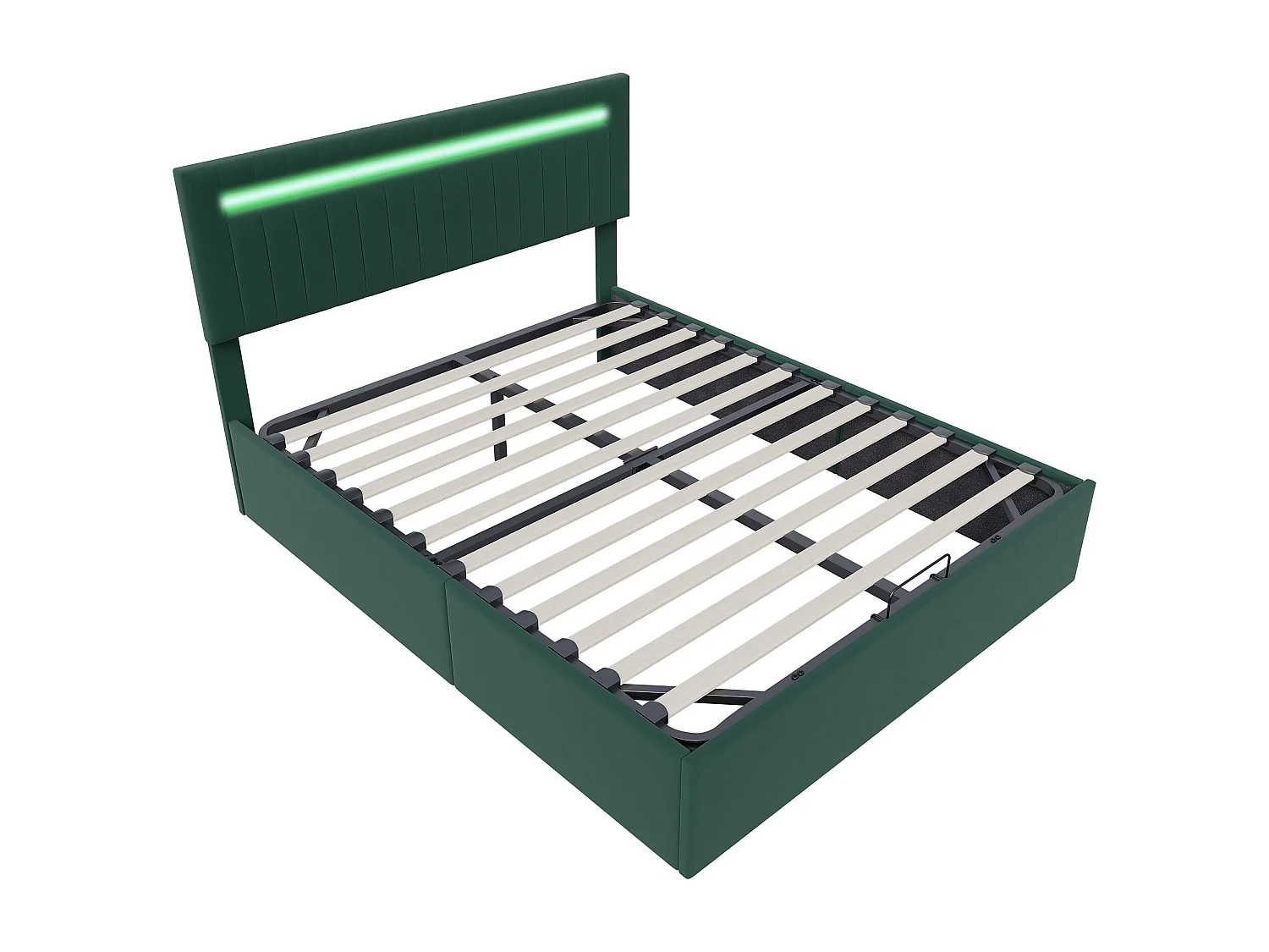 Cama doble de 140 x 200 cm con espacio de almacenaje, iluminación LED y puertos de carga, color verde y terciopelo.