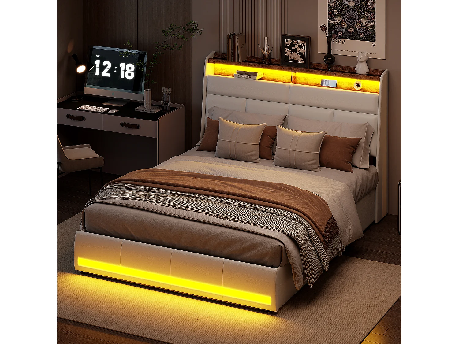 140*200cm tweepersoonsbed luchtdrukmodel met licht aan het voeteneind, PU, wit