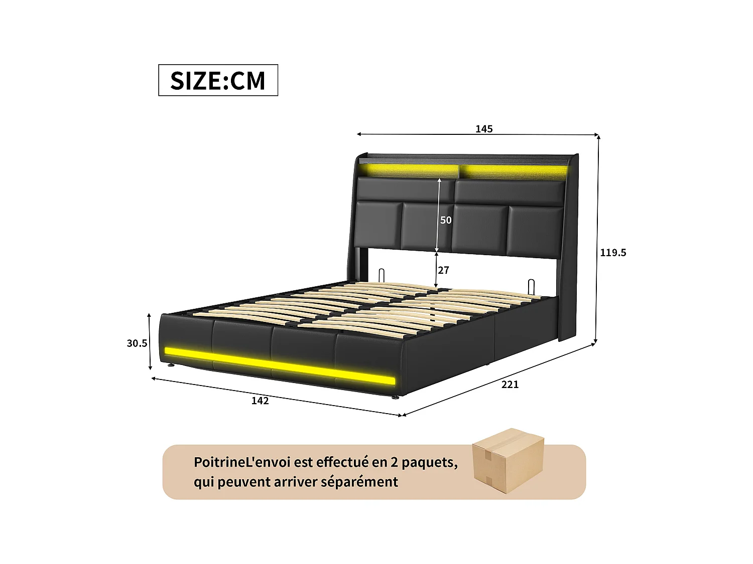 Cama abatible modelo Air 140*200cm con lámpara al pie de la cama, Color Negro