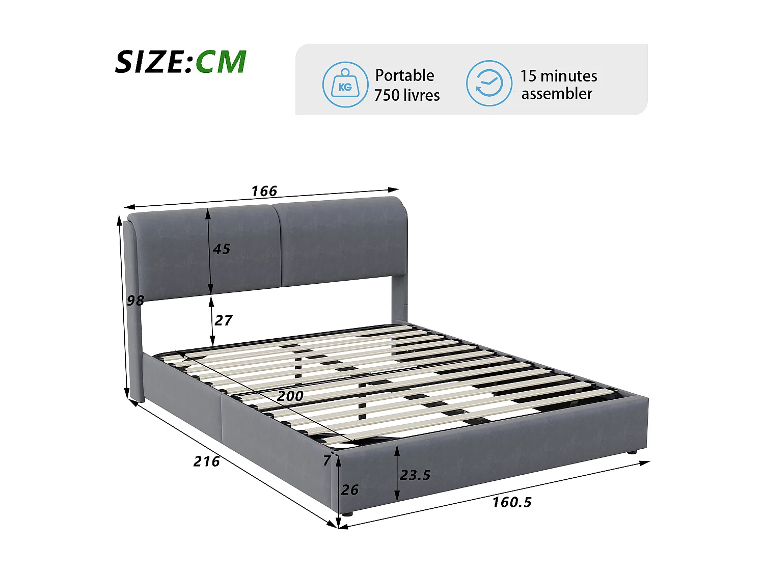 Letto matrimoniale 160*200cm, barra d'aria + striscia luminosa, grigio, velluto