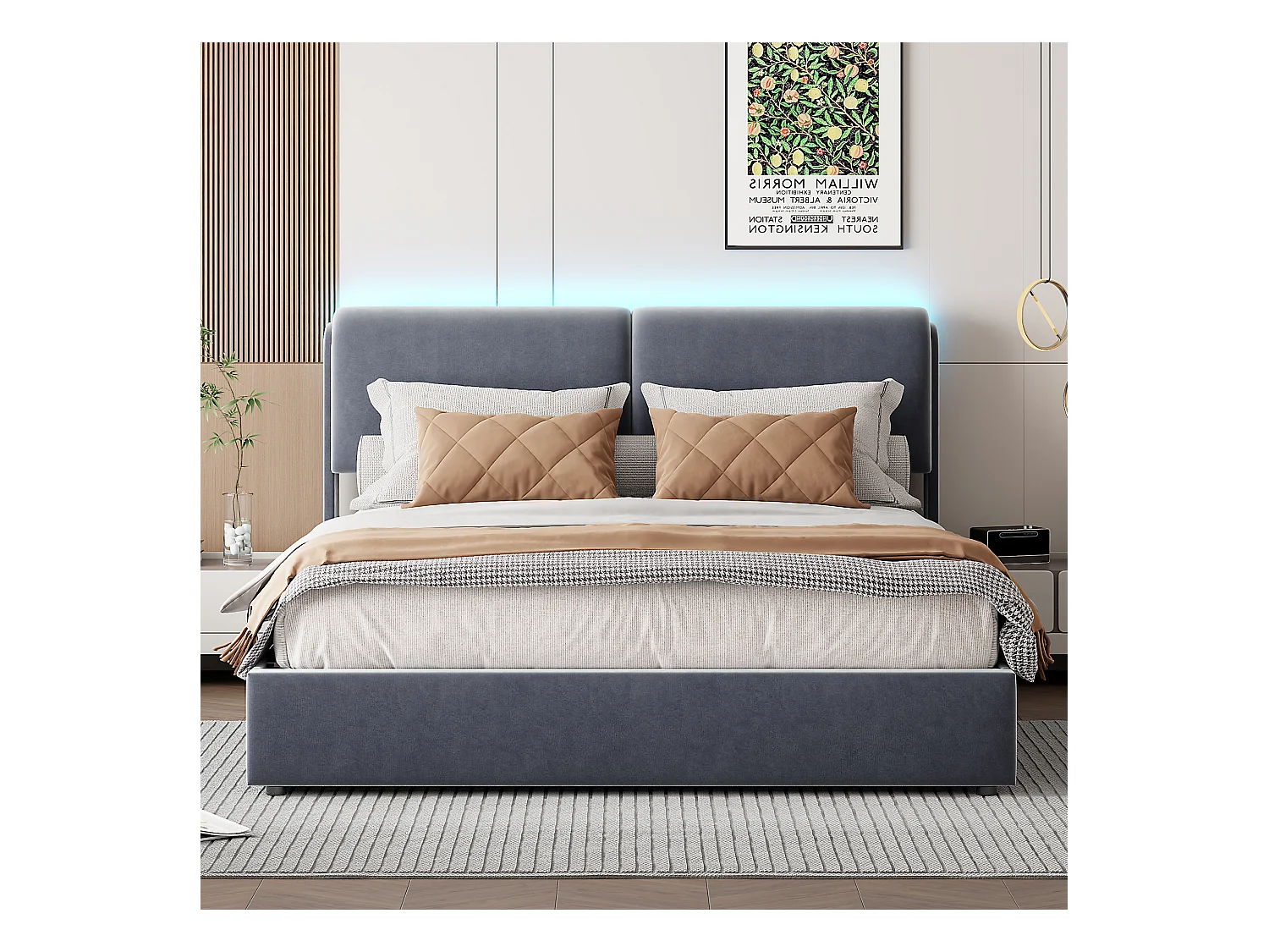 Cama doble de 160*200 cm, barra de aire + tira de luz, gris, terciopelo