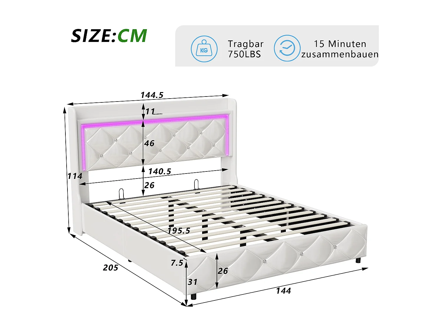 140*200cm Lit double + fonction de recharge + barre de pression d'air + LED lumière , blanc,PU
