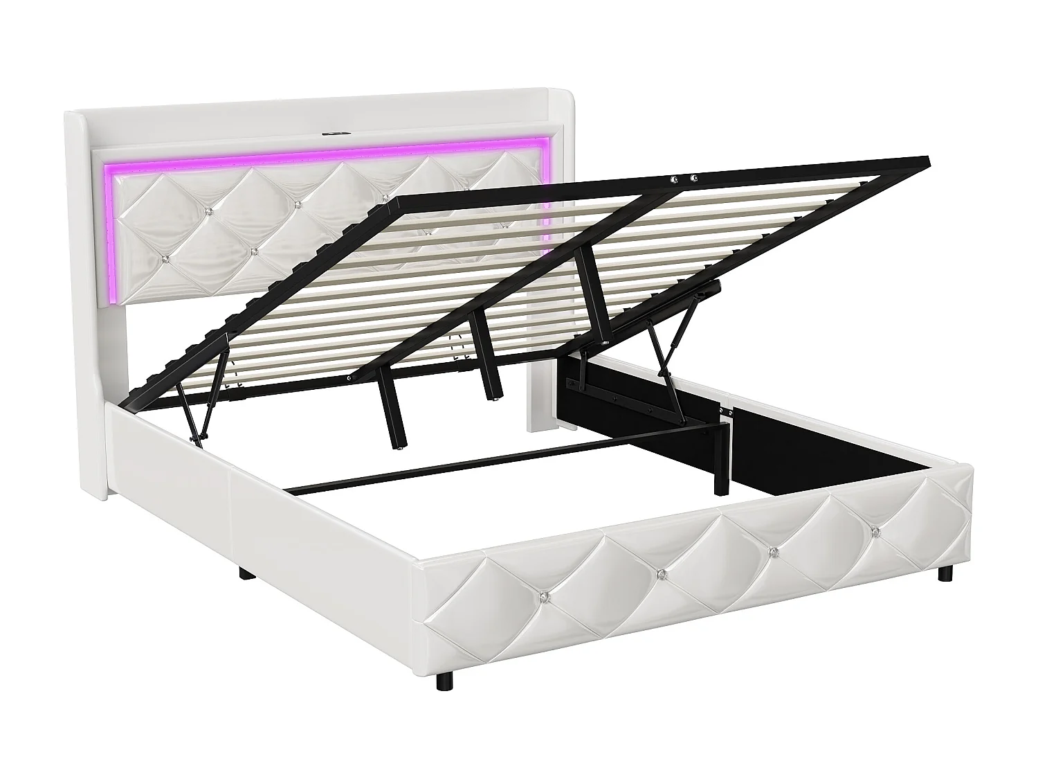 140*200cm Lit double + fonction de recharge + barre de pression d'air + LED lumière , blanc,PU