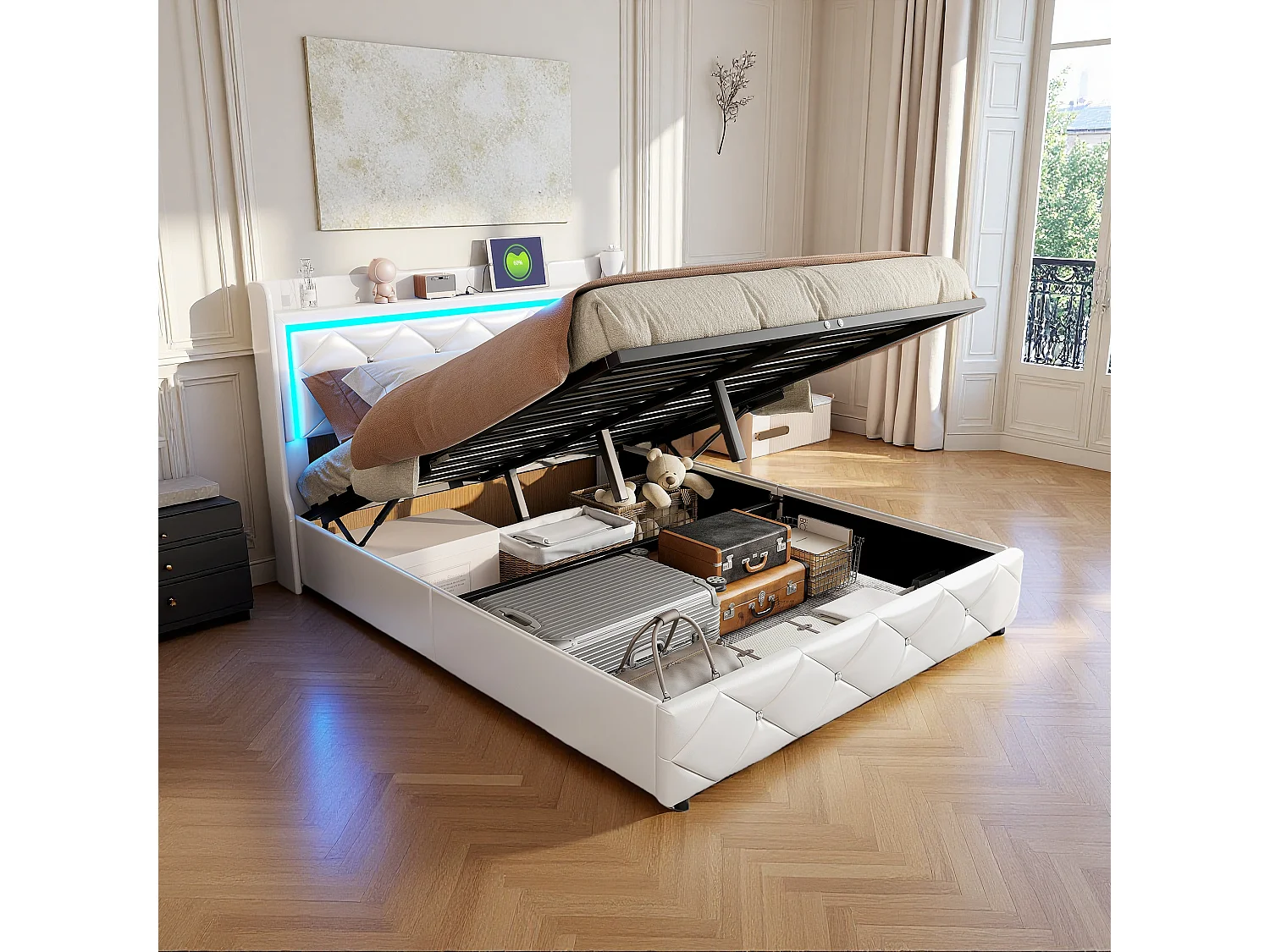 Cama de casal 140*200cm + Função de carregamento + Barra de pressão de ar + Luz LED, Branca, PU