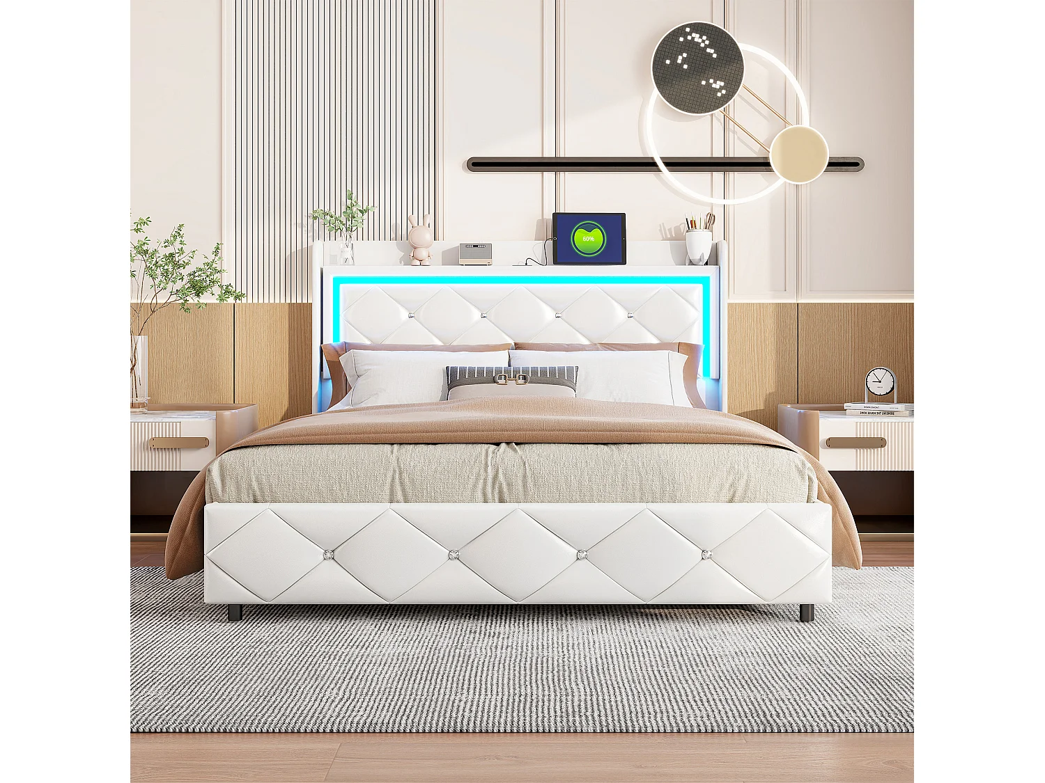 Cama de casal 140*200cm + Função de carregamento + Barra de pressão de ar + Luz LED, Branca, PU