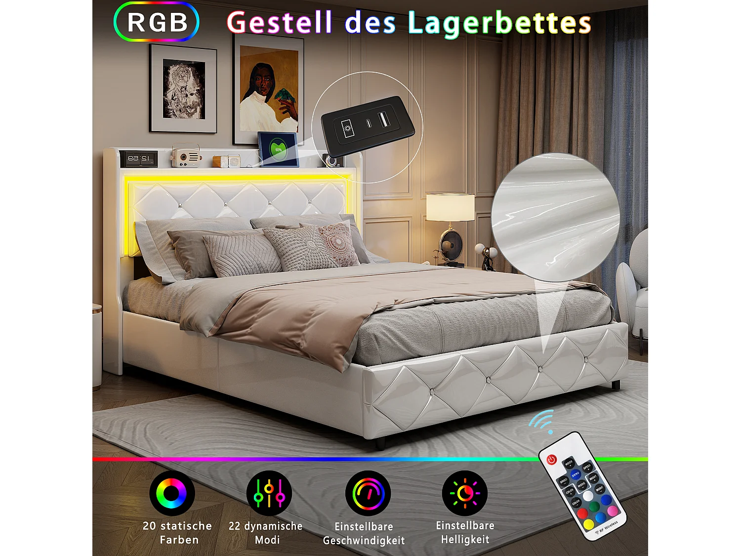 Cama de casal 140*200cm + Função de carregamento + Barra de pressão de ar + Luz LED, Branca, PU