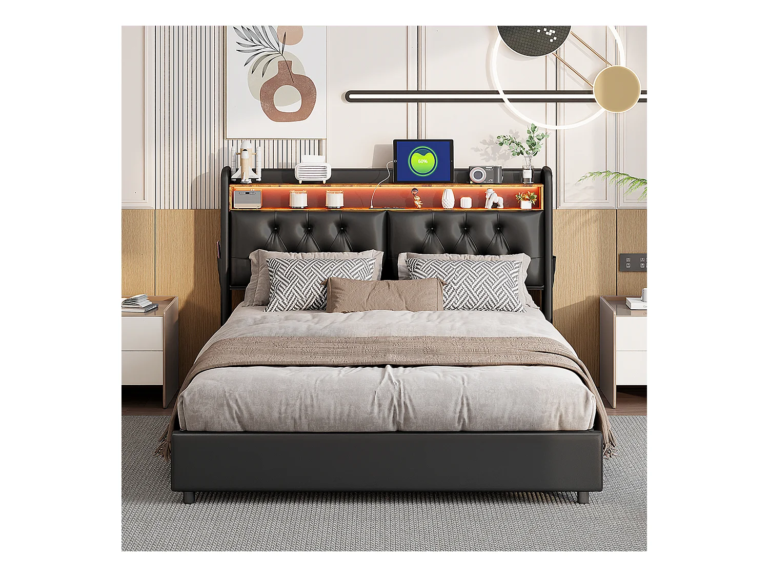 Cama de armazenamento 180*200 com iluminação LED, com caixa de armazenamento pneumática, PU, preto.