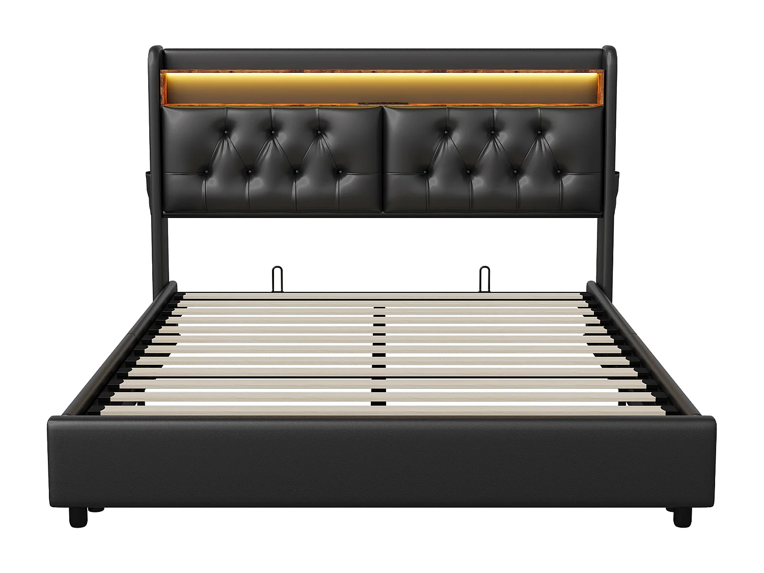 Lit coffre 180*200 avec éclairage LED, avec coffre de rangement pneumatique, PU, noir.