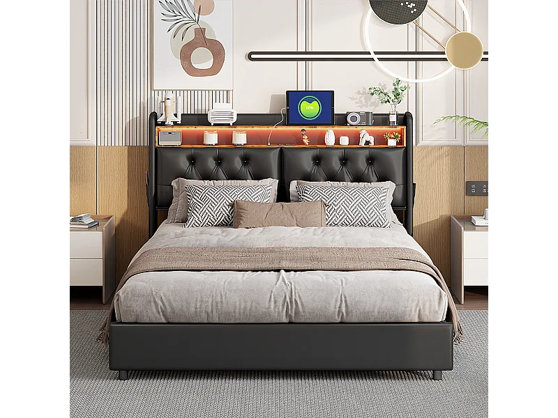 Lit coffre 180*200 avec éclairage LED, avec coffre de rangement pneumatique, PU, noir.