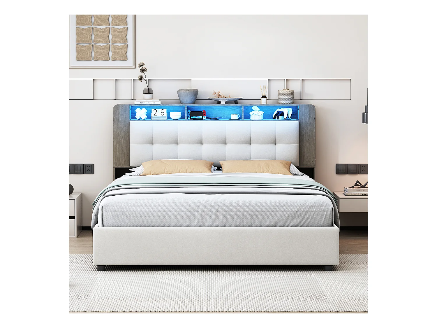Lit double 140*200cm, dossier+rangement+chargeur sans fil+bande lumineuse LED, blanc,velours