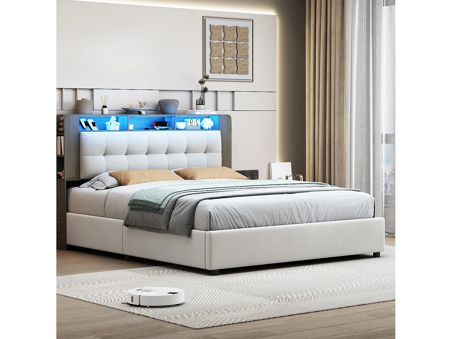 Lit double 140*200cm, dossier+rangement+chargeur sans fil+bande lumineuse LED, blanc,velours