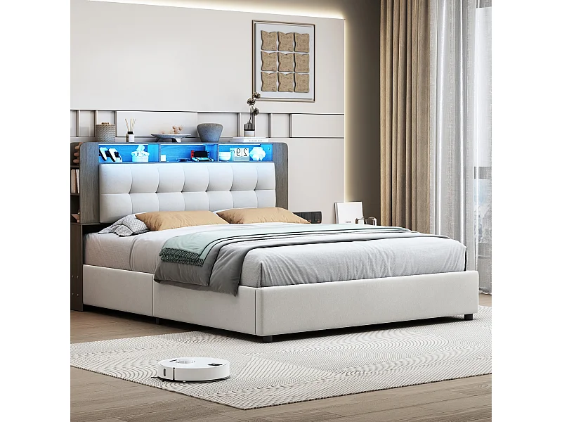 Doppelbett 140 x 200 cm, Rückenlehne + Stauraum + kabelloses Ladegerät + LED-Lichtleiste, weiß, Samt