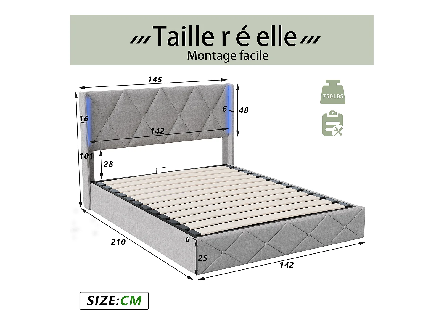 140*200cm con lámpara de noche, con almacenamiento mediante varilla neumática Gris hielo, terciopelo