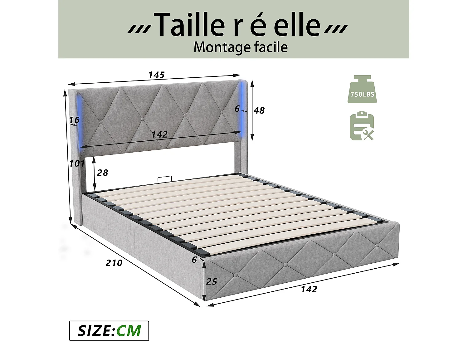 Lit rembourré 140 x 200 cm avec éclairage LED, lit double avec espace et sommier à lattes, lit hydraulique, velours, gris