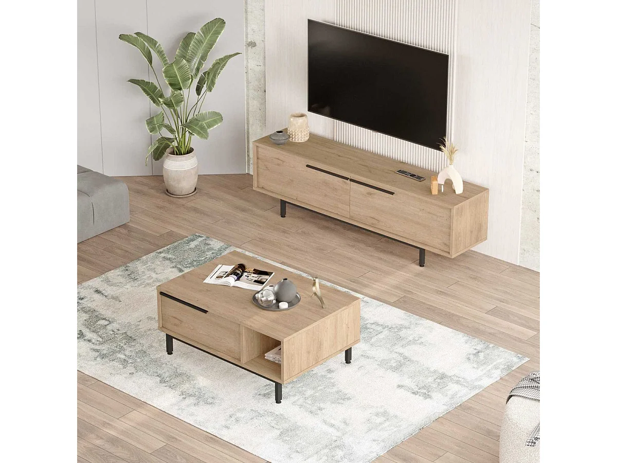 Ensemble meuble TV et table basse en aggloméré et métal Tilly