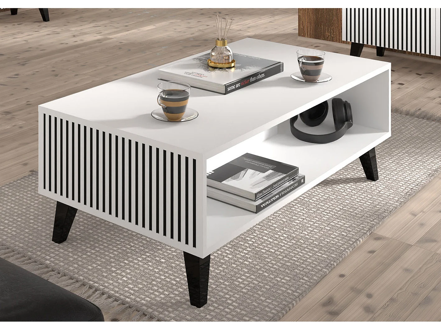 Couchtisch Ravenna B 90x60 cm mattweiß, schwarze Beine