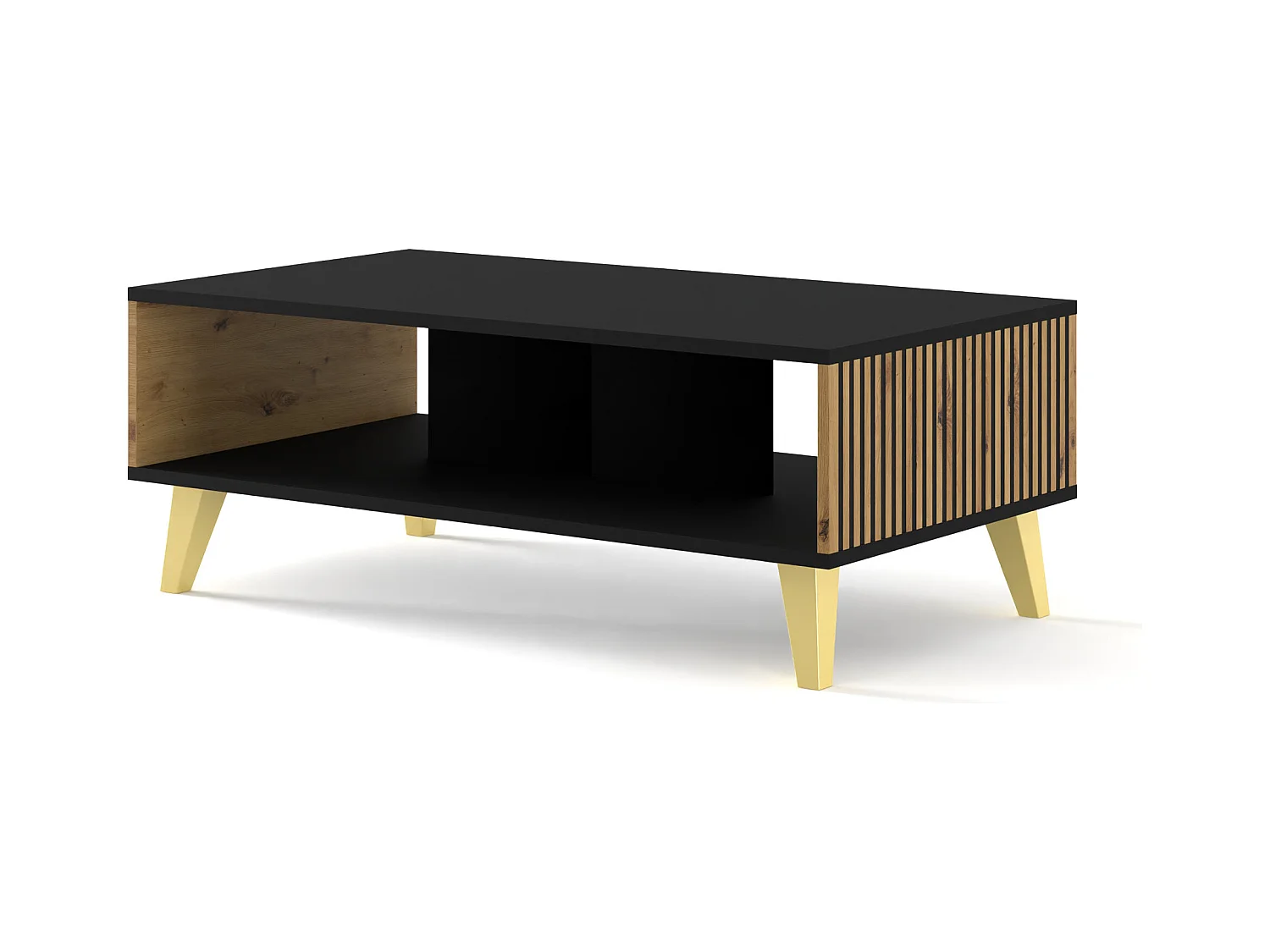 Table basse Ravenna B 90x60 cm noir mat / chêne artisan, pieds dorés