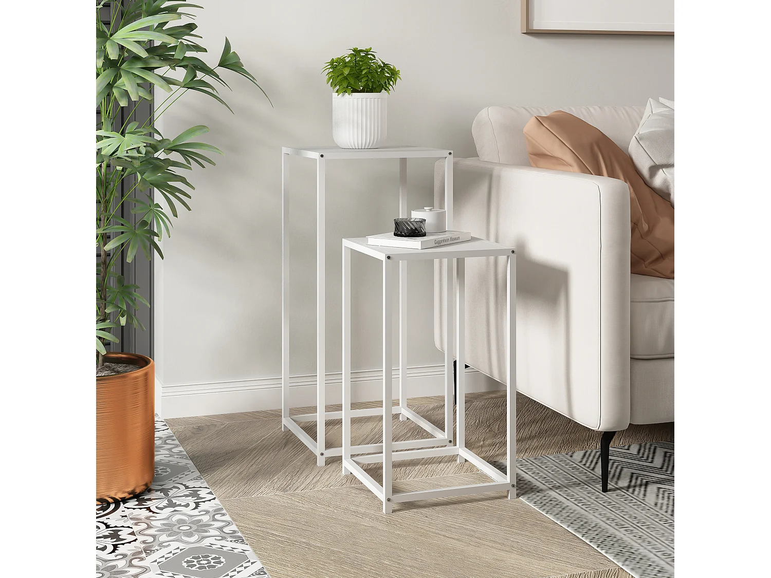 Set de 2 tables d'appoint Åseral de tailles différentes acier blanc [en.casa]