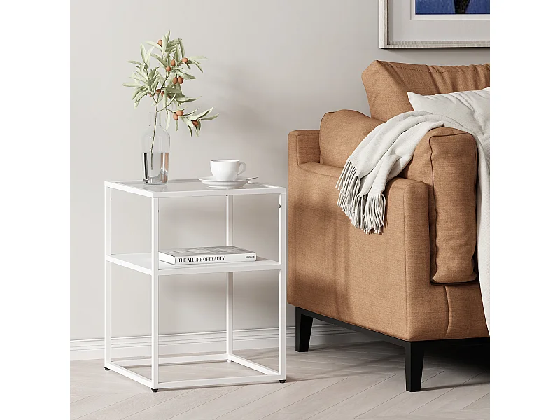 Table d'appoint Solund avec étagère acier verre trempé 55 x 40 x 40 cm blanc mat [en.casa]
