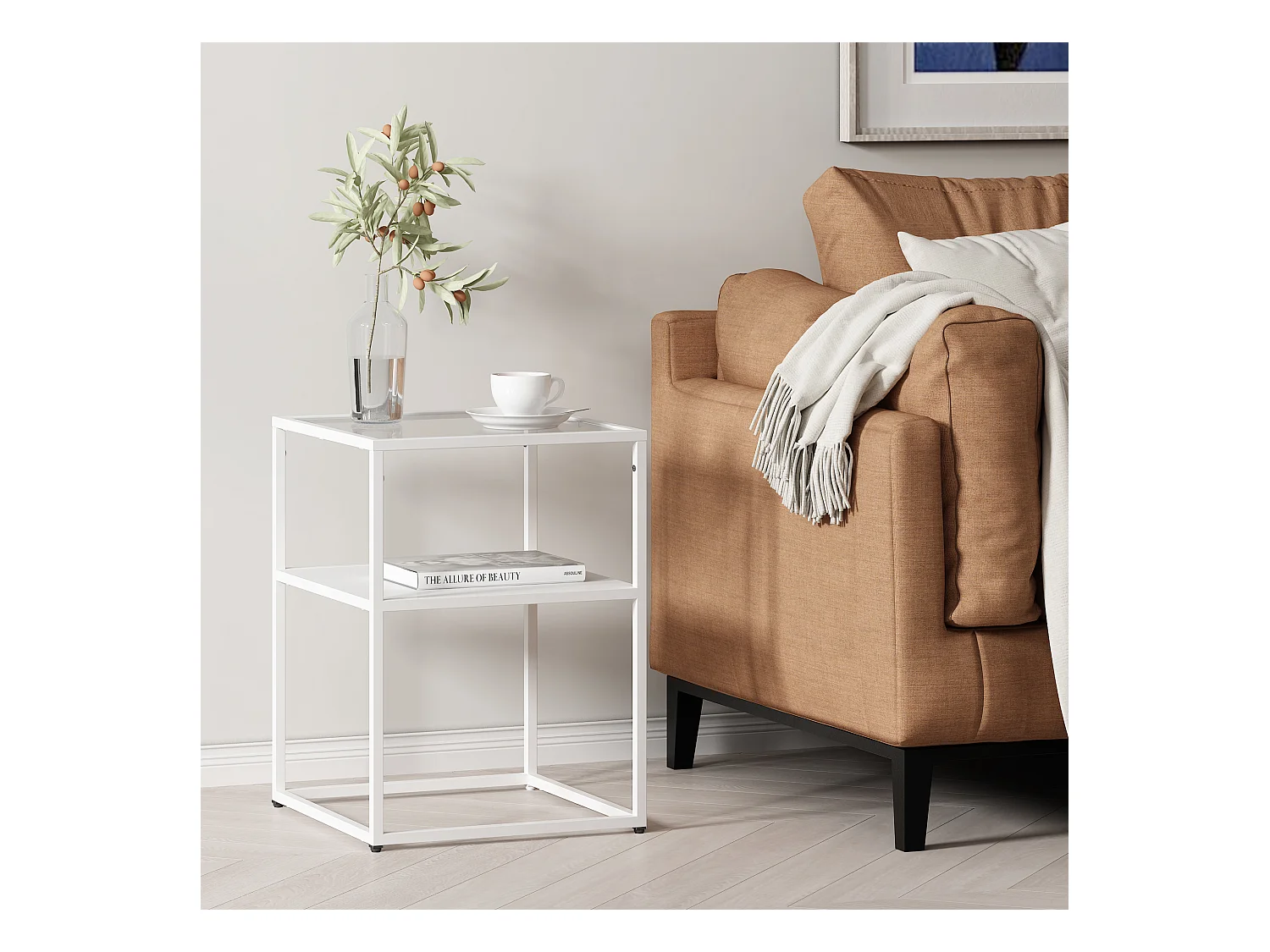 Table d'appoint Solund avec étagère acier verre trempé 55 x 40 x 40 cm blanc mat [en.casa]