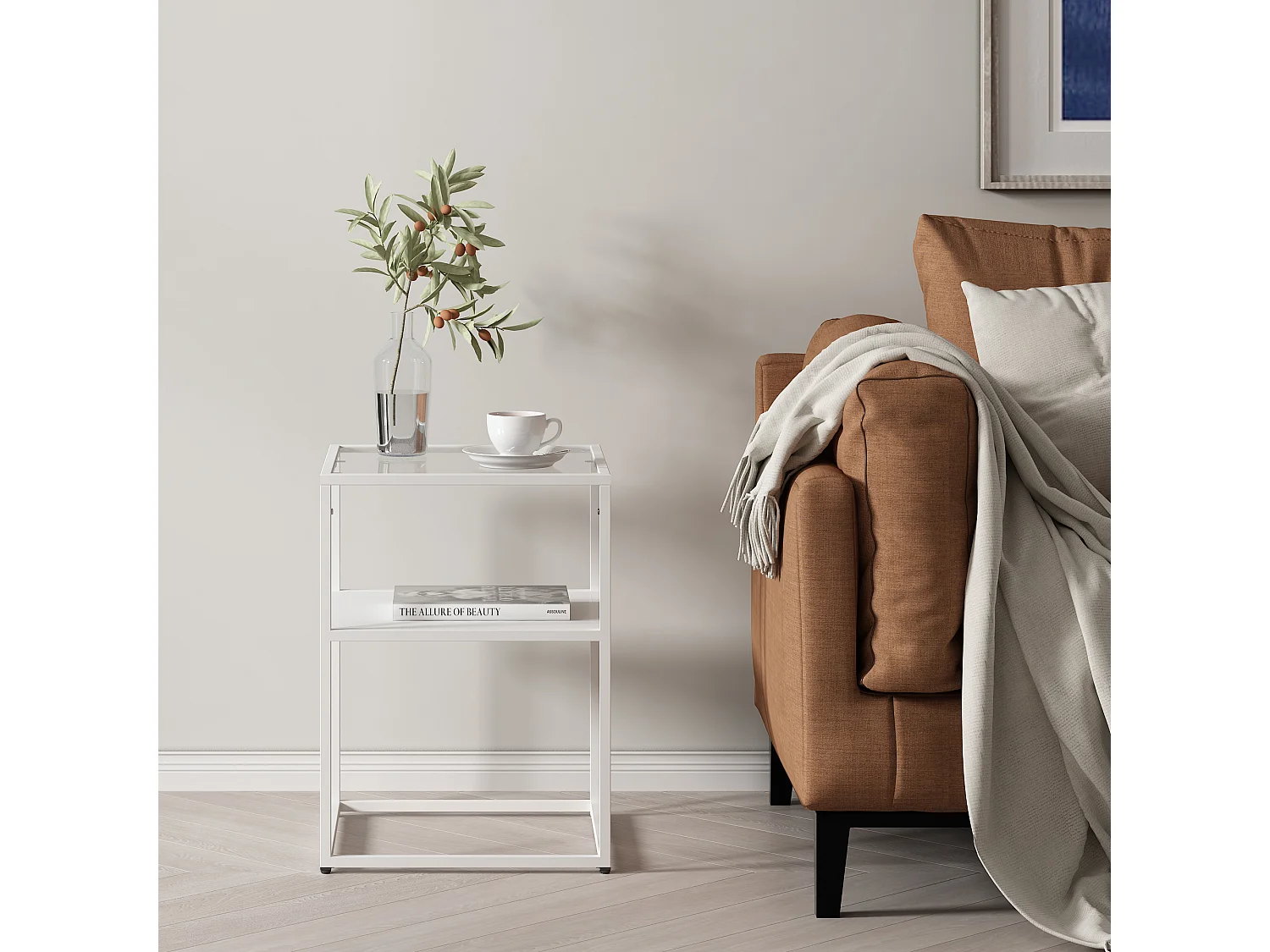 Table d'appoint Solund avec étagère acier verre trempé 55 x 40 x 40 cm blanc mat [en.casa]