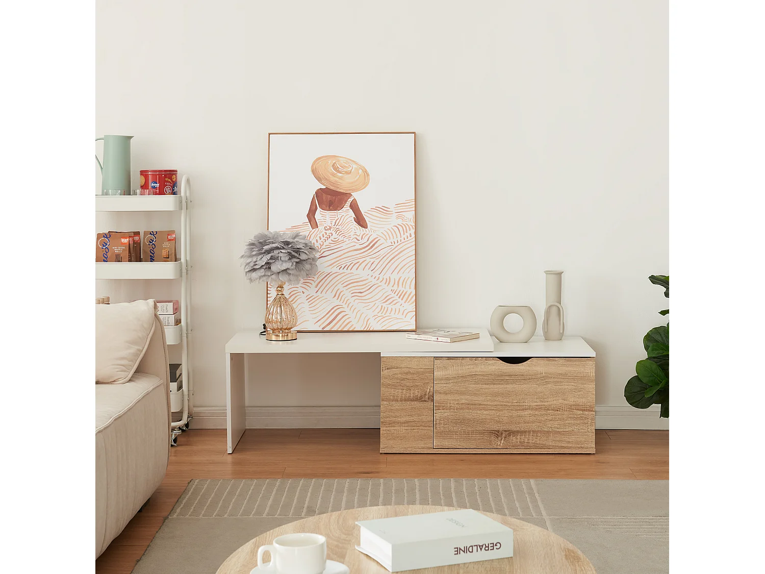 Table d'appoint Österåker 100 x 48 x 40 cm effet bois blanc [en.casa]