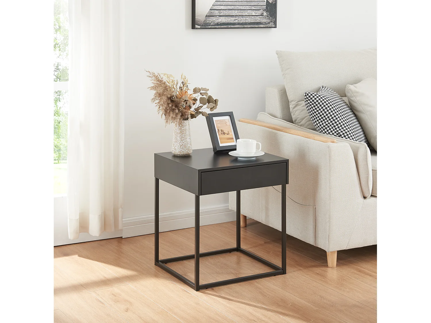 Table d'appoint Rautjärvi avec tiroir acier 50 x 43 x 41 cm noir mat [en.casa]
