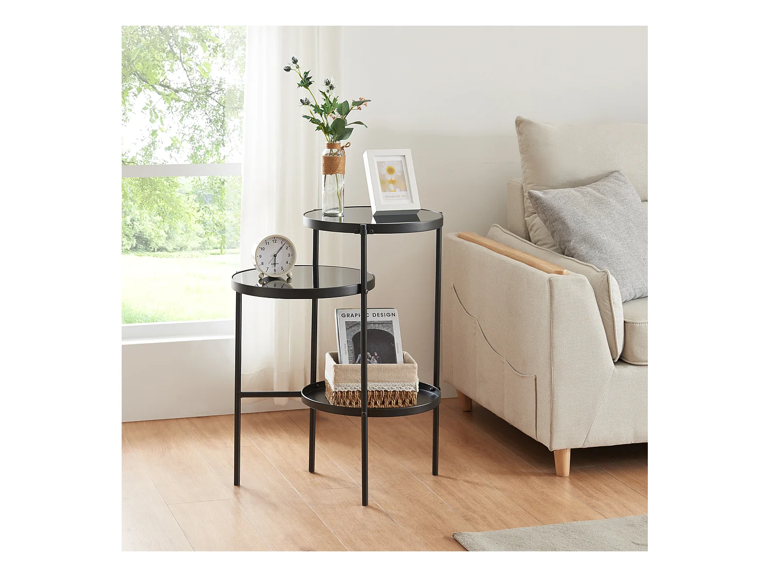 Table d'appoint Mölndal avec 3 plateaux métal 70 x 58 x 37 cm noir [en.casa]