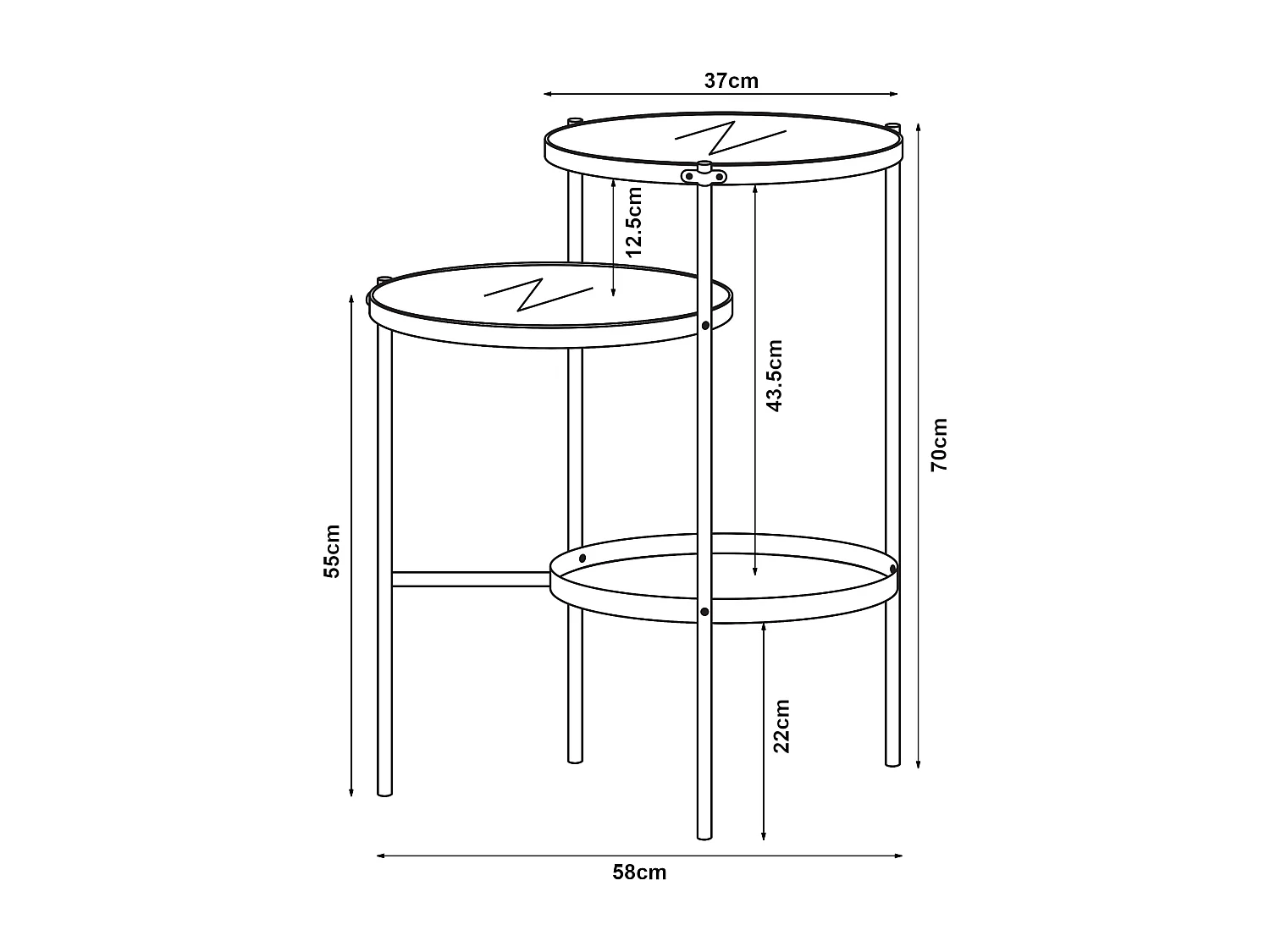 Table d'appoint Mölndal avec 3 plateaux métal 70 x 58 x 37 cm noir [en.casa]