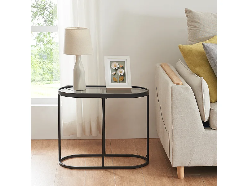 Table d'appoint Luleå avec plateau ovale métal verre trempé 55 x 28 x 45 cm noir [en.casa]
