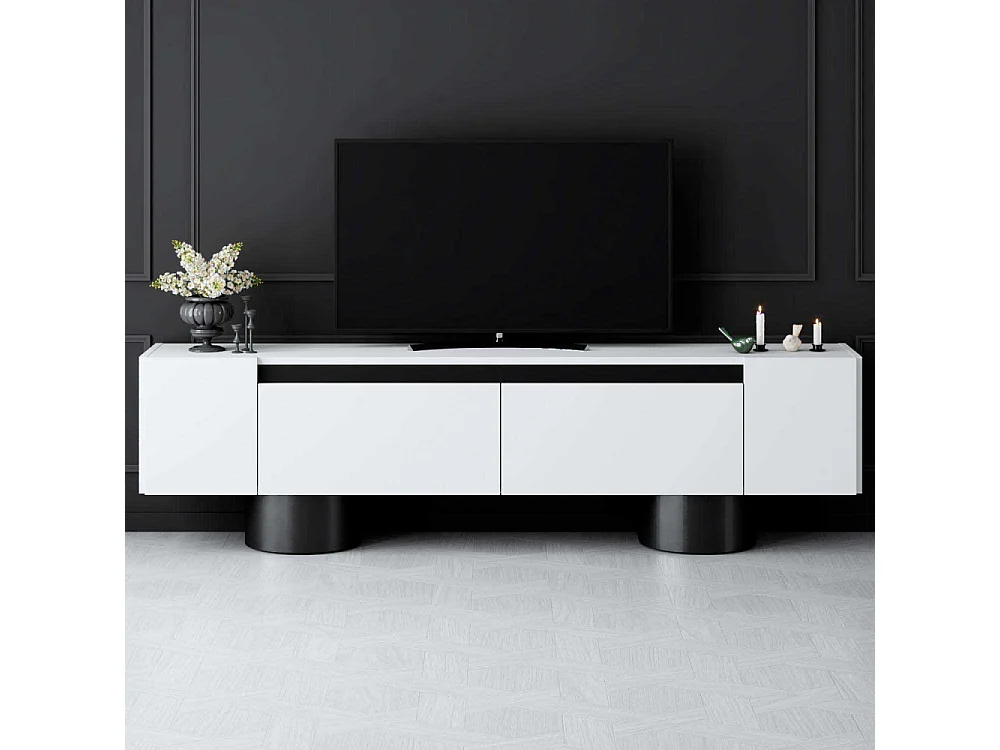 Meuble Tv design 2 portes basculantes Merna L180cm Bois Blanc et Métal Noir