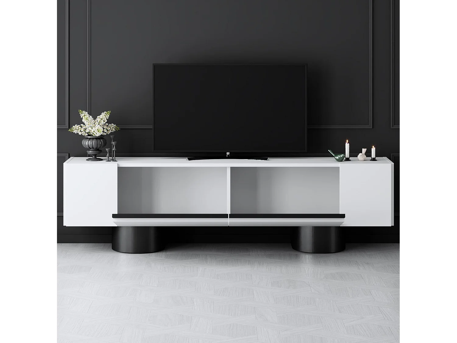 Mueble de TV – 180 cm x 50 cm x 30 cm – Blanco y Negro – MDF