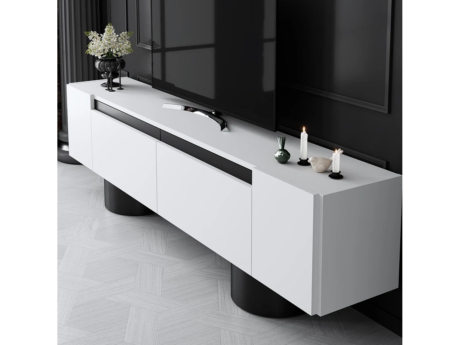 Mueble de TV – 180 cm x 50 cm x 30 cm – Blanco y Negro – MDF